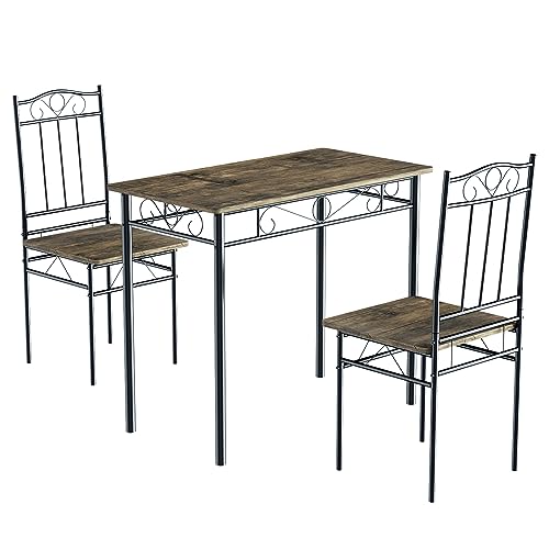 LafeuR Esszimmertisch mit 2 Stühlen, Küchentisch-Set aus Schwarze Metallbeine, Tisch und Stühle Set für Esszimmer, Küche, Wohnzimmer, Dunkles Holz von LafeuR