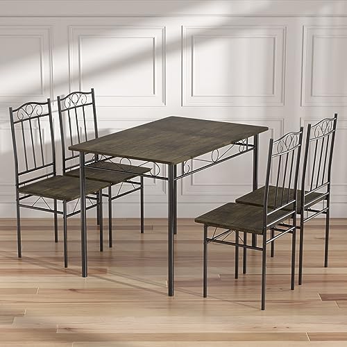 LafeuR Esstisch mit 4 Stühlen Set, Küchentisch-Set aus Schwarze Metallbeine, Holztisch-Set für 4 Personen,Essgruppe für Esszimmer, Küche, Wohnzimmer, Dunkles Holz von LafeuR