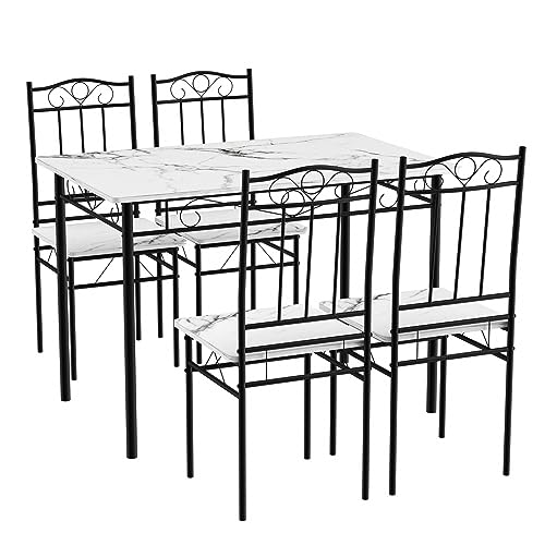 LafeuR Tisch und Stühle Set, Küchentisch-Set aus Schwarze Metallbeine, Esszimmertisch mit 2 Stühlen für Esszimmer, Küche, Wohnzimmer, Weißer Marmor (5-teiliges Set) von LafeuR