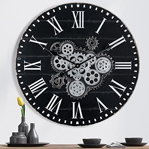 Lafocuse Schwarz Wanduhr Groß mit Beweglichen Zahnrädern Industrial Steampunk XXL Holz Vintage Retro Romische Zahlen 57 cm für Küche Wohnzimmer Bar von Lafocuse