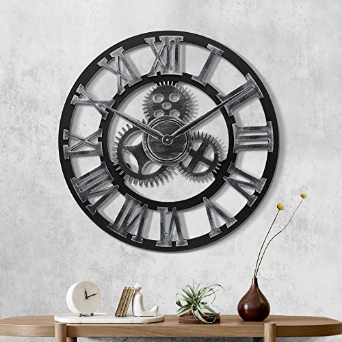 Lafocuse Holz Wanduhr Industrial Silber, Lautlos Wanduhr Vintage Groß 60cm XXL, Zahnrad Wanduhr Römische Ziffern Steampunk Gross für Wohnzimmer Küche von Lafocuse