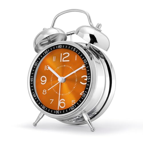 Lafocuse Doppelglockenwecker 16cm Analog Ohne Ticken, Metall Orange Wecker mit Großes Zifferblatt, Lautlos Nachttisch Tischuhr mit Nachtlicht für Schlafzimmer Büro von Lafocuse