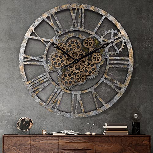 Lafocuse Wanduhr Groß mit Beweglichen Zahnrädern, Shabby Chic Holz, Industrial Steampunk XXL Vintage Retro Romische Zahlen 57 cm für Küche Wohnzimmer Bar von Lafocuse