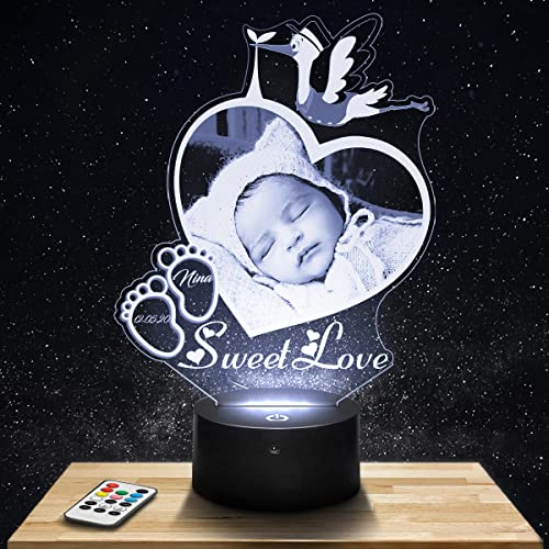 Lampephoto.fr Personalisierte Nachtlicht LED Storch für baby mit foto. Geschenk baby Nachtlicht 7/16 farben touch dimmbar. Babyzimmer Deko. Geburtsgeschenk. Taufgeschenk Geschenke baby nachtlampe. von Lampephoto.fr