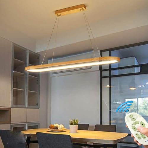 LED Pendelleuchte Holz Dimmbar Esstisch Hängelampe Höhenverstellbarer Esszimmerlampe Modern Kronleuchter mit Fernbedienung Wohnzimmer Tisch Deko Decke Hängeleuchte Küchen Hängend Lampen Beleuchtung von Lanekd