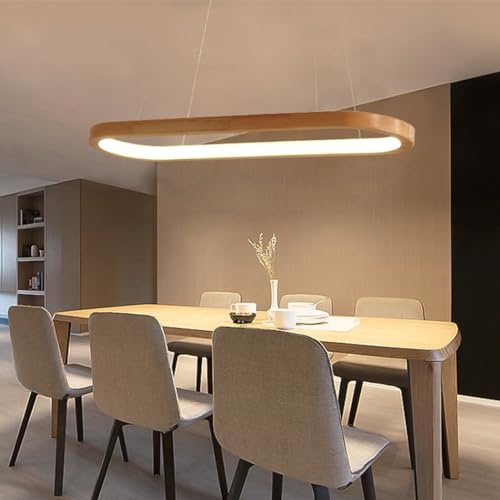 Pendelleuchte Modern Oval Esstischlampen LED Büro Holz Hängeleuchte Dimmbar Wohnzimmer Deckenleuchte Höhenverstellbar Schlafzimmer Deko Hängend Lampen für Küche Bar Esszimmer Deckenlampe (Holz, L90CM) von Lanekd