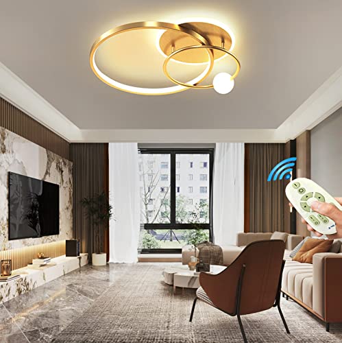 Modern Schlafzimmer Esszimmer Deko Lampe Deckenleuchte Gold Wohnzimmerlampe Hängend Leuchte LED Dimmbar Deckenlampe Rund Ring Design mit Fernbedienung Decke Pendelleuchte Küchen Lampe von Lanekd