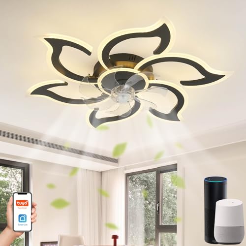 Lanmorn Smart Deckenleuchte mit Ventilator Blume, Kompatibel mit Alexa und Google Home, Deckenventilator mit Beleuchtung und Fernbedienung Leise, 72W 6800LM Dimmbar für Schlafzimmer Küche, Schwarz von Lanmorn