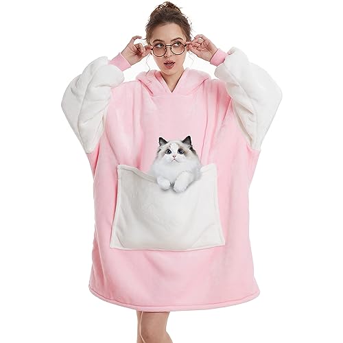 Decke Hoodie Sweatshirt Oversized,Plüsch Flauschig Kuscheldecke mit Tasche,Einheitsgröße Sherpa Kapuzenpullover für Damen Herren,Flanell Fleece TV-Decke mit Ärmel,Tragbar Ganzkörperdecke,Rosa Weiß von Lanqinglv