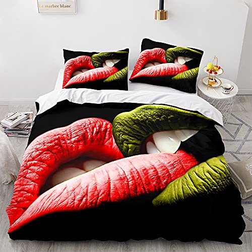 Lanqinglv Bettwäsche 220x240cm Paare Liebe Schwarz und Grün Rot Kiss 3D Bettwäsche Set 3 Teilig Doppelbett Renforce Bettbezug mit Reißverschluss und 2 Kissenbezug 80x80 cm von Lanqinglv