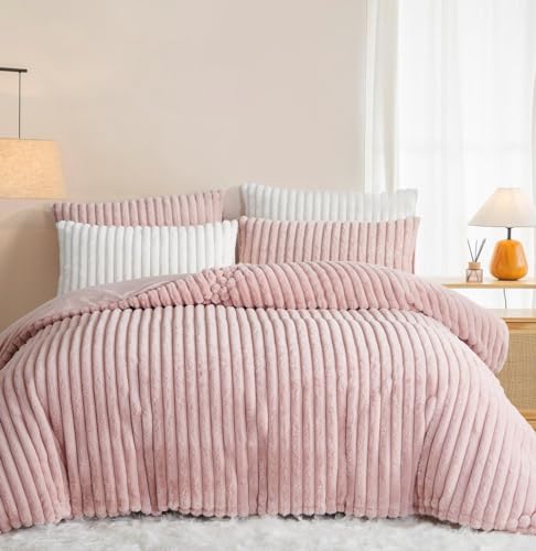 Lanqinglv Plüsch Bettwäsche 200x200 Rosa Warme Winter Flauschig Flanell Kunstfell Streifen Winterbettwäsche Kuschelig Cashmere Touch Dick Bettbezug mit Reißverschluss und 2 Kissenbezug 80x80cm von Lanqinglv