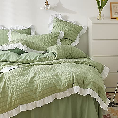 Lanqinglv Seersucker Bettwäsche 155x220 cm Grün mit Weiß Rüschen,Elegant Bettbezug Deckenbezug mit Reißverschluss mit 1 Kissenbezug 80x80 von Lanqinglv