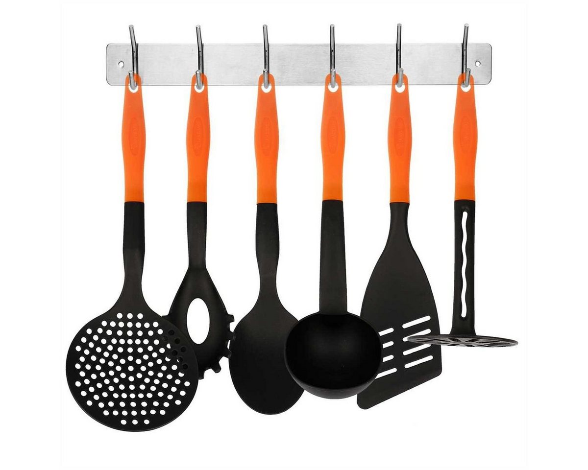 Lantelme Kochbesteck-Set Kochbesteck orange-schwarz (7-tlg), Küchenhelfer mit Hakenleiste von Lantelme