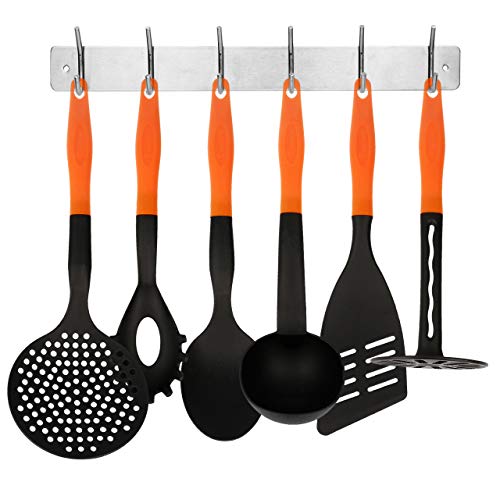 Lantelme Küchenhelfer Set 7-teilige Küchenutensilien mit Hakenleiste antihaft hitzebeständiges Kochbesteck Kochgeschirr Set (Orange) von Lantelme