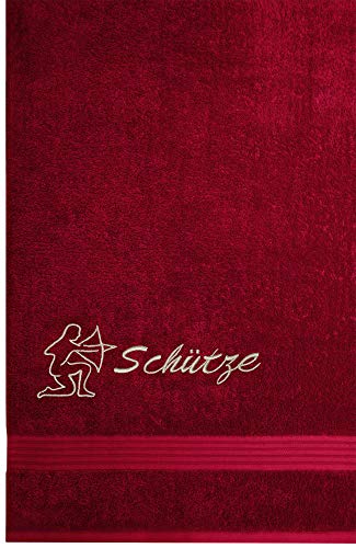 Lashuma Frottee Handtuch mit Tierkreiszeichen Schütze, Linz Reisehandtuch Bestickt 70x140 cm, Rubin Rot von Lashuma