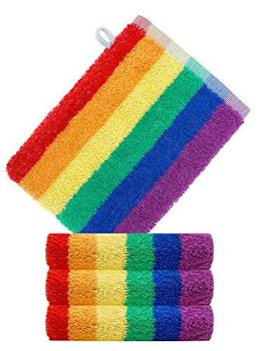 Lashuma Waschhandschuhe Frottee 15x21 cm, 4er Handtuchset, Waschlappen gestreift in Regenbogen Optik von Lashuma