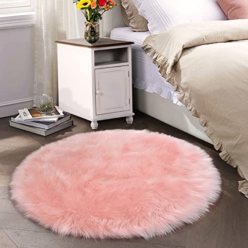 Latepis Teppich Rund 180 cm Teppich Rosa Teppich Groß Shaggy Teppich Hochflor Teppich Wohnzimmer Flauschig Teppich Schaffell Kunstfell Schlafzimmer Teppich von Latepis