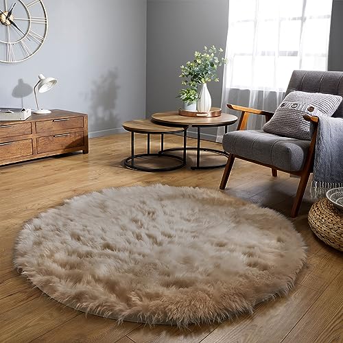 Latepis Teppich Rund Hellbraun Beige Flauschiger Teppich Wohnzimmer 180 cm Waschbar Schlafzimmer Esszimmer Kunstfell Teppich Hochflor Shaggy Area Rug von Latepis