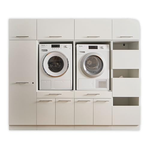 LAUNDREEZY 2x Waschmaschinenschrank, Wäscheschrank, Mehrzweckschrank und 4x Schrankaufsatz, Weiß - Waschmaschinen-Überbauschrank TÜV-zertifiziert mit viel Stauraum - 235 x 200 x 67,5 cm (B/H/T) von Laundreezy