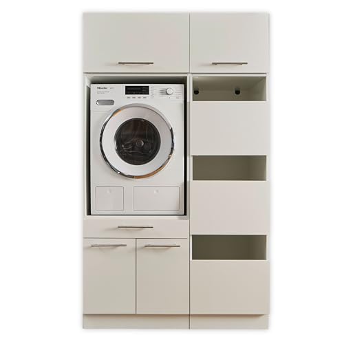 LAUNDREEZY Waschmaschinenschrank, Wäscheschrank und 2x Schrankaufsatz, Weiß - Waschmaschinen-Überbauschrank TÜV-zertifiziert mit viel Stauraum - 117,5 x 200 x 67,5 cm (B/H/T) von Laundreezy