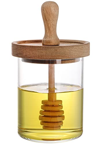 Lawei Honiggläser aus Glas Honigtopf mit Holzlöffel und Deckel – 390 ml Honigtopf Honigbehälter aus transparentem Glas für Sirup zur Aufbewahrung von Lawei