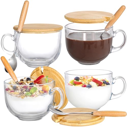 Lawei Set von 4 Glas-Kaffeetassen mit Henkel – 425 ml Glas-Jumbo-Kaffeetassen klar Kaffeebecher für Cappuccino, Kaffee, Latte, Müsli, Milch, Eis von Lawei