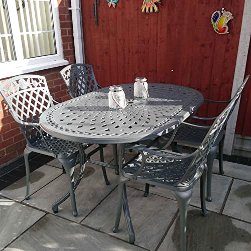 Lazy Susan 150cm Ovaler June Gartentisch in Schiefergrau mit 4 Rose Stühlen, Ohne Sitzkissen | Nachhaltiges Aluminium | Wartungsarm von Lazy Susan