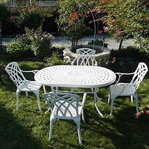 Lazy Susan 152cm Ovaler June Gartentisch in Weiß mit 4 April Stühlen und Blauen Sitzkissen | Nachhaltiges Aluminium | Wartungsarm von Lazy Susan