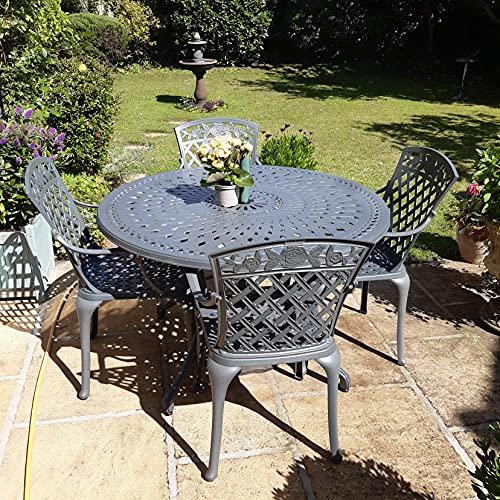 Lazy Susan Alice 4-Sitzer Gartentisch und Stühle Set rund | wartungsfrei | wetterfest | Aluminiumguss | Schiefer-Finish | Rosenstühle von Lazy Susan