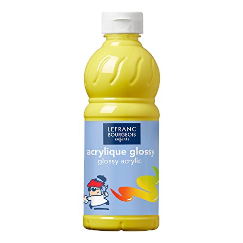 Lefranc Bourgeois 188295 Glossy Kinder - Acrylfarbe, gebrauchsfertige flüssige Acrylfarbe, glänzend und wasserfest, Ideal auf Papier, Karton, Holz, Gips, Metall, Plastik, 500ml Flasche - Primärgelb von Lefranc Bourgeois