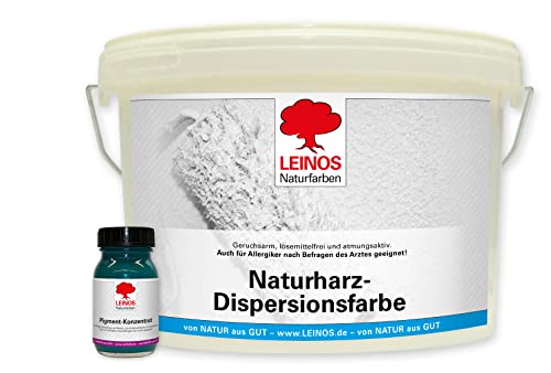 LEINOS Set Wandfarbe | 2,5l Naturharz-Dispersionsfarbe 660 + 25ml Pigment-Konzentrat 668.330 Spinell-Türkis von Leinos Naturfarben