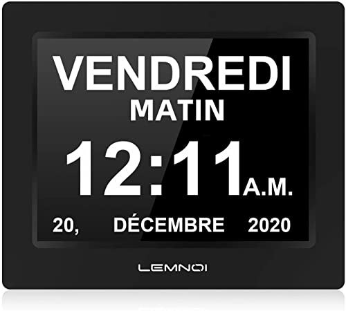 Lemnoi LCD-Digitaluhrkalender Datum Tag und Uhrzeit Nicht abgekürzte Uhr Automatisches Dimmen 8 Sprachen HD-Display-Erinnerung für Alzheimer-ältere Menschen und Kinder von Lemnoi