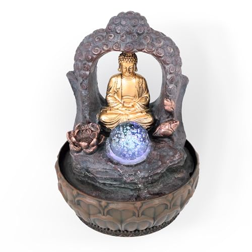 Zimmerbrunnen Buddha mit Bogen und Kugel, Pumpe und LED-Beleuchtung, Polyresin, Tischbrunnen mit Buddhafigur und Lotusblume von Lemodo