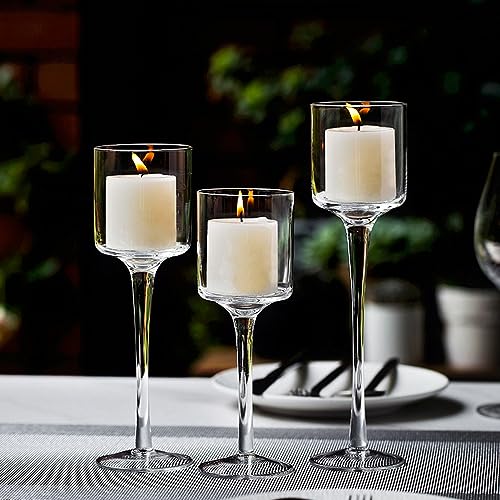 Kerzenständer Glas, 3 Stück Teelichthalter Glas, Kerzenständer Stumpenkerzen, Hohe Kerzenhalter Glas für Heimdekoration, Hochzeit Esstisch, Geburtstag Party, Abendessen bei Kerzenlicht von Lergas