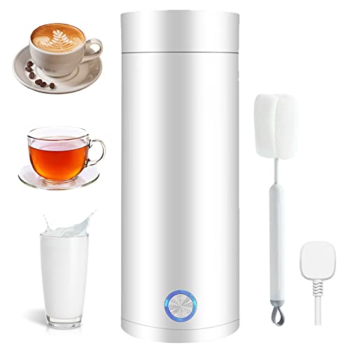 Elektrische Wasserkocher, 400ml Kleiner Tragbarer Heizbecher Sicheres 304 aus rostfreiem Stahl Mini-Thermoskanne 300W Reise-Wasserkocher 4-5 Minuten Schnelle Kochen für Tee, Milch, Kaffee (Weiß) von Les-Theresa