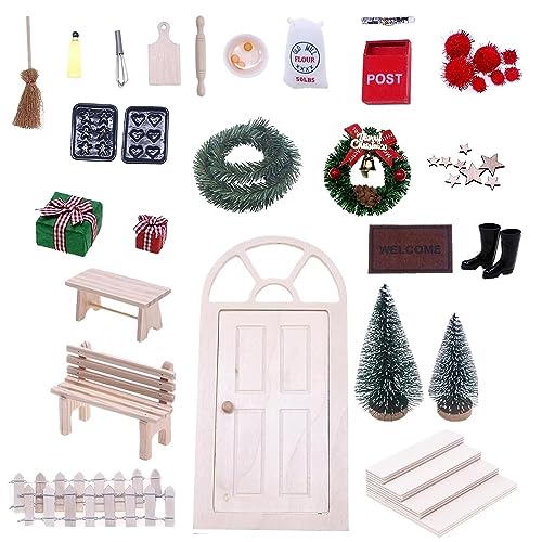 Miniatur Wichtel Set, Wichteltür Zubehör Weihnachten Set Weihnachtswichtel Komplettset Gnome Door Accessories Christmas Set Wichtel Tür Holz Wichteltür Weihnachten Komplettset Weihnachtsdeko Tür 27PCS von Les-Theresa