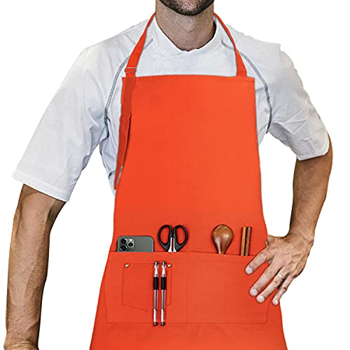 LessMo Schürze, Grillschürze und Kochschürze in Profiqualität mit verstellbarem Nackenriemen Und Mit Zwei Taschen, aus 100% Baumwolle 70 x 85 cm (Orange) von LessMo