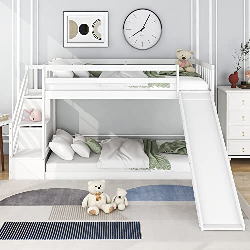 Lexiou Etagenbett mit Treppe und Rutsche, Rahmen aus massivem Kiefernholz, Kinderbett mit 2 Schubladen in der Treppe, 90x200cm von Lexiou