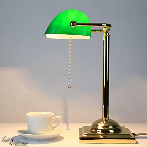 Bankerlampe Grün Glas Gold 24 Karat Jugendstil Handarbeit Zugschalter E27 Design Leuchte Schreibtisch Beistelltisch von Licht-Erlebnisse