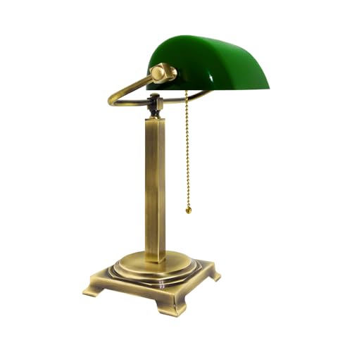 Licht-Erlebnisse Bankerlampe Grün Bronze hell H: 39,5 cm schwenkbar Zugschalter aus Messing Glas Jugendstil E27 Tischleuchte Schreibtischlampe Arbeitszimmer von Licht-Erlebnisse