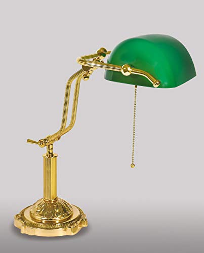 Massive Bankerlampe Grün aus Messing Glas mit Zugschalter Premium Tischleuchte Schreibtischlampe von Licht-Erlebnisse