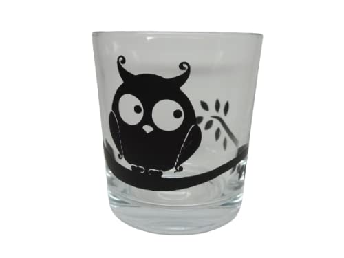 Lichtidee Teelicht Glas Windlicht Tischlicht Print mit Eule auf AST schwarz Handmade Unikat Ostern Muttertaggeschenk, Höhe 8cm, von Lichtidee