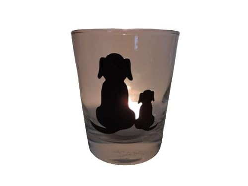 Lichtidee Teelicht Glas Windlicht Tischlicht Print schwarz mit Hund mit Welpe schwarz Herbst Handmade Unikat Geburtstag Ostern Muttertaggeschenk, Höhe 8cm, von Lichtidee