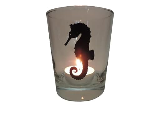 Lichtidee Teelicht Glas Windlicht Tischlicht Print schwarz mit Seepferdchen schwarz Herbst Handmade Unikat Maritim Geburtstag Ostern Muttertaggeschenk, Höhe 8cm, von Lichtidee