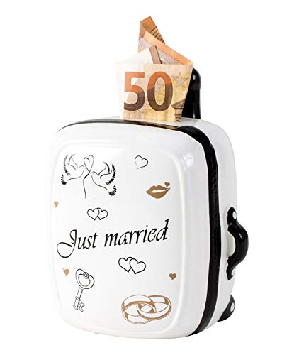 Lifestyle & More Moderne Spardose Sparschwein Just Married für Hochzeit aus Keramik weiß Höhe 15 cm von Lifestyle & More