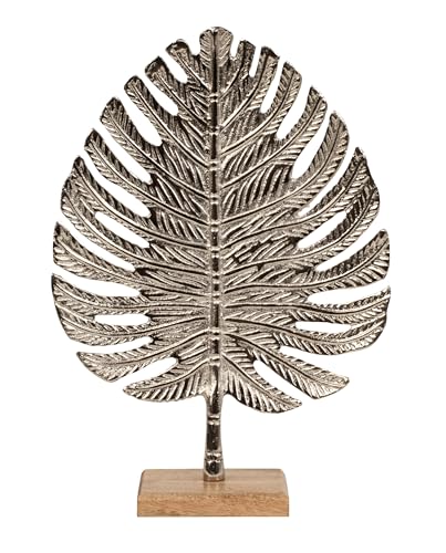Lifestyle & More Skulptur Dekofigur Blatt aus Metall Silber auf Holzsockel stehend 23x32 cm von Lifestyle & More