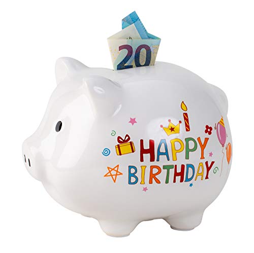 Lifestyle & More Sparschwein Spardose lustiges Schwein Happy Birthday aus Keramik weiß 18x14 cm von Lifestyle & More
