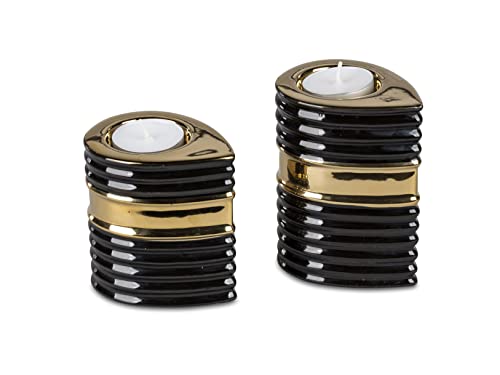 Teelichthalter Teelichtleuchte Windlicht im 2er Set aus Keramik schwarz/Gold Höhe 9x11 cm von Lifestyle & More