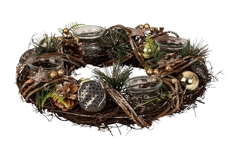 Weihnachtlicher Adventskranz aus Mehreren Materialien rund mit Gold/brauner Dekoration für Teelichter Durchmesser 33 cm von Lifestyle & More