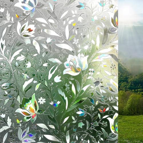 Lifetree Fensterfolie Blickdicht Selbsthaftende: Sichtschutzfolie 3D Regenbogen Fenster Dekorfolie Statisch Haftend ohne Klebstoff Anti UV Sonnenschutzfolie für Büro Wohnzimmer Blumen Tulpe 115x300cm von Lifetree